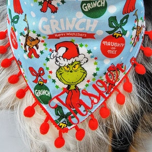 Grinch Dog Bandana | Dog Christmas Bandana, Tie & Snap Style, Personalized, Reversible, Available Bow and Pompom Trim