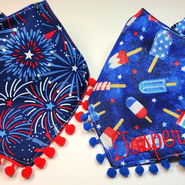 Bomb Pop Dog Bandana, Memorial Day/July 4th, Tie & Snap Style, Personalized Embroidery, Reversible,  Available Bow and Pompom Trim