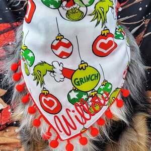 Grinch Dog Bandana | Dog Christmas Bandana, Tie & Snap Style, Personalized, Reversible, Available Bow and Pompom Trim