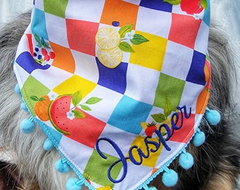 Dog Summer Fruit Stawberry Bandana, Tie & Snap Style, Personalized Embroidery, Reversible, Available Matching Bow and Pompom Trim
