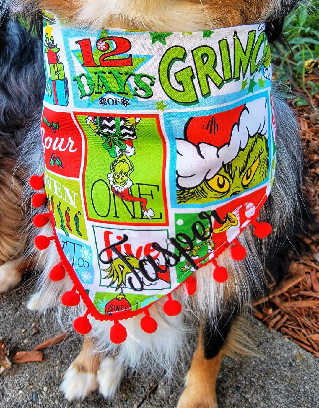 Grinch Dog Bandana Dog Christmas Bandana, Tie & Snap Style