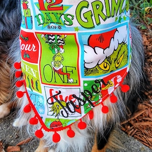 Grinch Dog Bandana | Dog Christmas Bandana, Tie & Snap Style, Personalized, Reversible, Available Bow and Pompom Trim