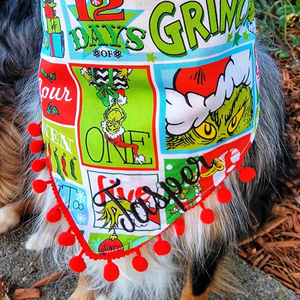 Grinch Dog Bandana | Dog Christmas Bandana, Tie & Snap Style, Personalized, Reversible, Available Bow and Pompom Trim