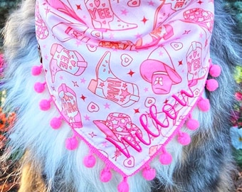 Pink Horse Girl Dog Bandana, Tie & Snap Style, Personalized Embroidery, Reversible, Available Matching Bow and Pompom Trim