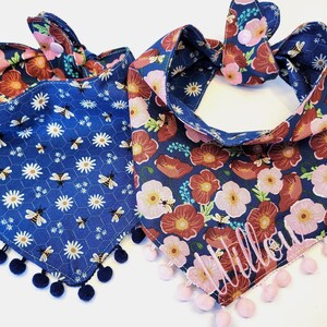 Spring Floral Bee Dog Bandana | Floral Poppy Dog Bandana, Tie & Snap Style, Personalized, Reversible, Available Matching Bow, Pompom Trim