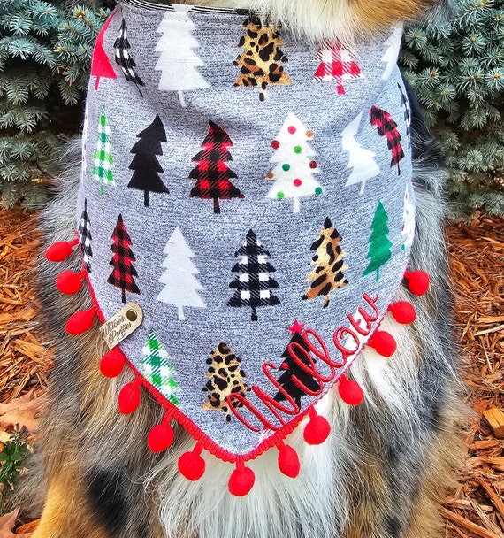 Christmas Dog Bandana Dog Christmas Scarf, Plaid, X-mas Trees