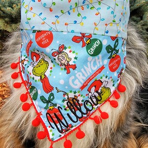 Grinch Dog Bandana | Dog Christmas Bandana, Tie & Snap Style, Personalized, Reversible, Available Bow and Pompom Trim