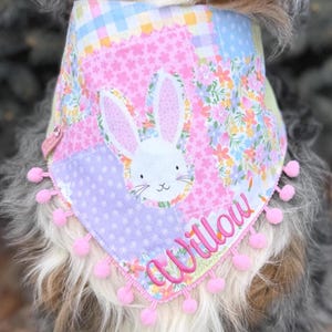 Easter Patchwork Bunny Tails Dog Bandana, Tie & Snap Style, Personalized Embroidery, Available Matching Bow and  Pompom Trim.