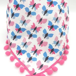 Trans Pride Butterfly Dog Bandana, Tie & Snap Style, Personalized, Embroidery, Reversible, Available Matching Bow, Pompom Trim