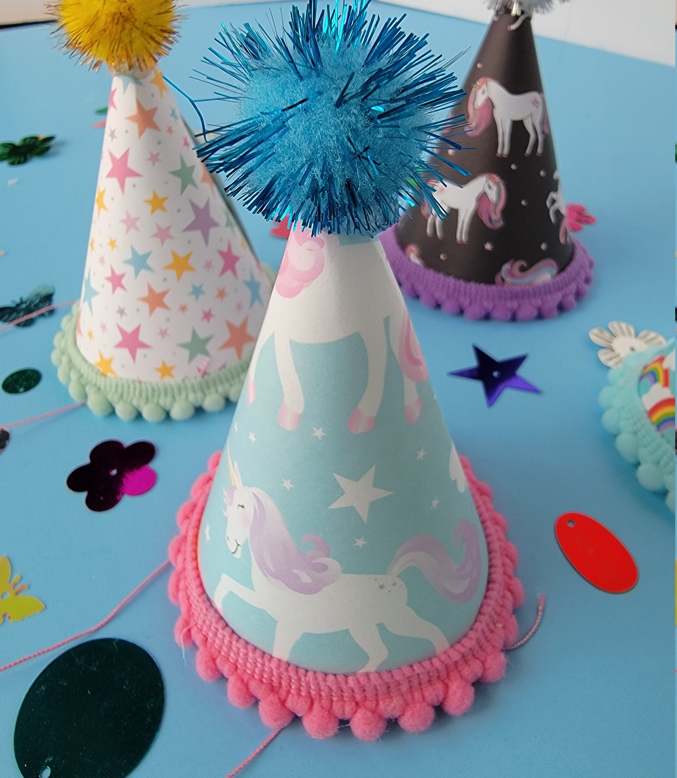 Dog Birthday Party Hat With Unicorns, Rainbows & Butterflies Mini Pom Trim Metallic On Top