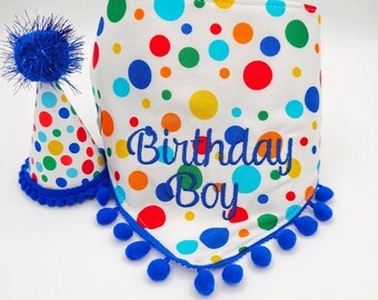 Dog Rainbow Polka Dot Birthday Bandana, Tie & Snap Style Embroidered "Birthday Girl" Or "Birthday Boy"  Available Party Hat(SEPARATE)