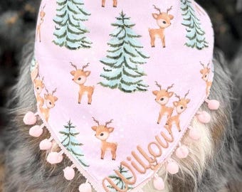Pink Snowflake, Reindeer, Xmas Trees Winter/Christmas  Dog Bandana, Tie & Snap Style, Personalized, Reversible,  Available Bow, Pompom Trim