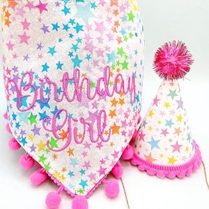 Hundegeburtstags-Bandana, Krawatten-Spitzenstil bestickt mit ""Birthday Girl"" oder ""Birthday Boy"" auf Regenbogen-Glitzersternen, 4-Zoll-Partyhut (SEPARAT)"
