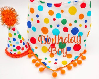 Dog Birthday Bandana, Primary Polka Dots, Tie & Snap Style Embroidered "Birthday Girl" Or "Birthday Boy"  Available Party Hat(SEPARATE)