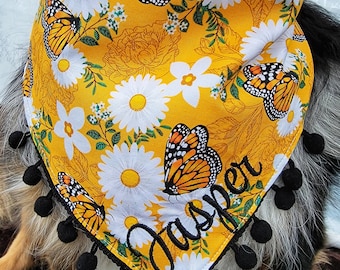 Dog Monarch Butterfly Daisy Bandana, Tie & Snap Style, Personalized Embroidery, Reversible, Available Matching Bow and Pompom Trim