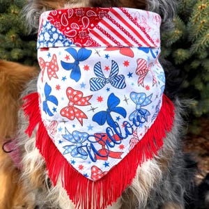 May include: A patriotic dog bandana with red, white, and blue patterns. The top section features a red paisley print, red and white stripes, and blue and white polka dots. The bottom section has blue and red bows and stars, with the name "Willow" embroidered in blue.