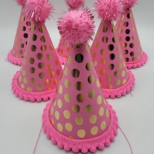 Dog Birthday Hat | Dog Party Hat | Dog 1st Birthday, 4&quot; Pink Polka Dot With Mini Pompom Trim and Metallic Pompom On Top