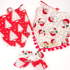 Happy Winking Santa, Red Flocked Christmas Tree Dog Bandana, Tie & Snap Style, Personalized, Reversible, Available Bow, Pompom Trim
