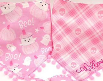 Pastel Pink Ghosts In Pumpkins, Pink Plaid Halloween Dog Bandana , Tie & Snap Style, Personalized, Reversible, Available Bow, Pompom Trim