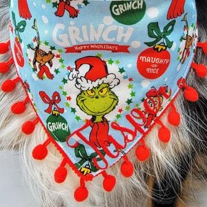 Grinch Dog Bandana | Dog Christmas Bandana, Tie & Snap Style, Personalized, Reversible, Available Bow and Pompom Trim