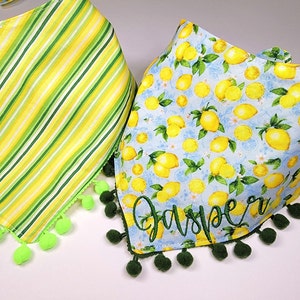Dog Lemon Bandana, Summer Fruit Scarf, Tie & Snap Style, Personalized Embroidery, Reversible, Available Matching Bow and Pompom Trim