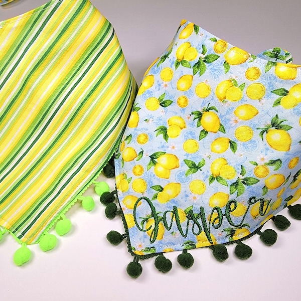 Dog Lemon Bandana, Summer Fruit Scarf, Tie & Snap Style, Personalized Embroidery, Reversible, Available Matching Bow and Pompom Trim