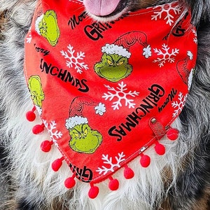 Grinch Dog Bandana, Merry Grinchmas Dog Christmas Bandana, Tie & Snap Style, Personalized, Reversible, Available Bow and Pompom Trim