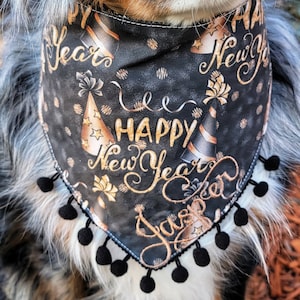New Years Eve Dog Bandana | Holiday Dog Scarf, Tie & Snap Style, Personalized, Reversible,  Available Bow, Pompom Trim