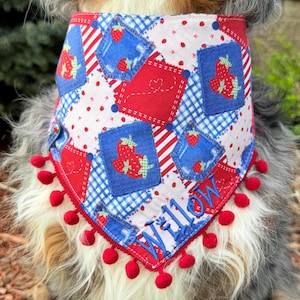 May include: A patchwork dog bandana with a red, white, and blue strawberry design. The bandana features squares of red, white polka dots, and blue gingham fabric. The word "Willow" is embroidered in blue. Red pom-poms trim the bottom.