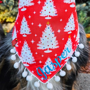 Red Flocked Christmas Tree, Happy Winking Santa, Dog Bandana, Tie & Snap Style, Personalized, Reversible, Available Bow, Pompom Trim