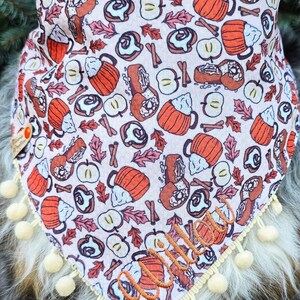 Dog Pumpkin Spice Fall Plaid Bandana, Tie & Snap Style, Personalized Embroidery, Reversible, Available Matching Bow, Pompom