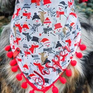 Buffalo Plaid Snowman Dog Bandana | Christmas Dog Bandana, Tie & Snap Style, Personalized, Reversible, Available Bow, Pompom Trim