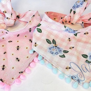 Dog Summer Bee Floral Bandana | Dog Rose Floral Bandana, Tie & Snap Style, Personalized, Reversible, Available Matching Bow, Pompom Trim