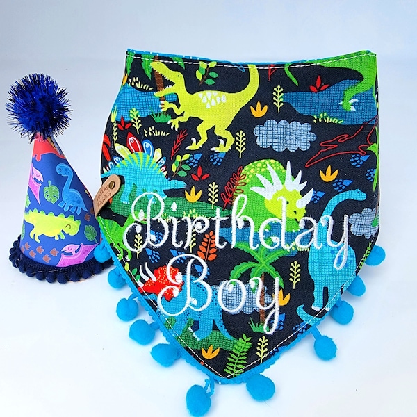 Dog Dinosaur Birthday Bandana, Tie & Snap Style Embroidered "Birthday Girl" Or "Birthday Boy",  4" Tall Party Hat(SEPARATE)