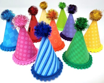 Dog Birthday Party Hat | Birthday Party Hat For Dogs, 4" Tall With Mini Pompom Trim and Metallic Pompom On Top