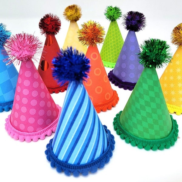 Dog Birthday Party Hat | Birthday Party Hat For Dogs, 4" Tall With Mini Pompom Trim and Metallic Pompom On Top
