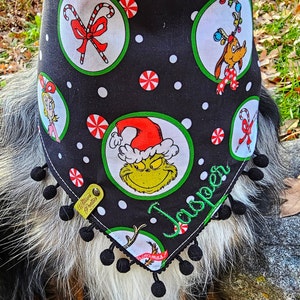 Grinch Dog Bandana | Dog Christmas Bandana, Tie & Snap Style, Personalized, Reversible, Available Bow and Pompom Trim