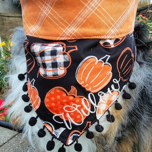 Dog Halloween/Fall Bandana, Patchwork Pumpkins,  Tie & Snap Style, Personalized Embroidery, Reversible, Available Matching Bow, Pompom