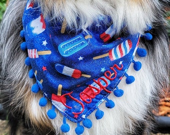 Bomb Pop Dog Bandana, Memorial Day/July 4th, Tie & Snap Style, Personalized Embroidery, Reversible,  Available Bow and Pompom Trim