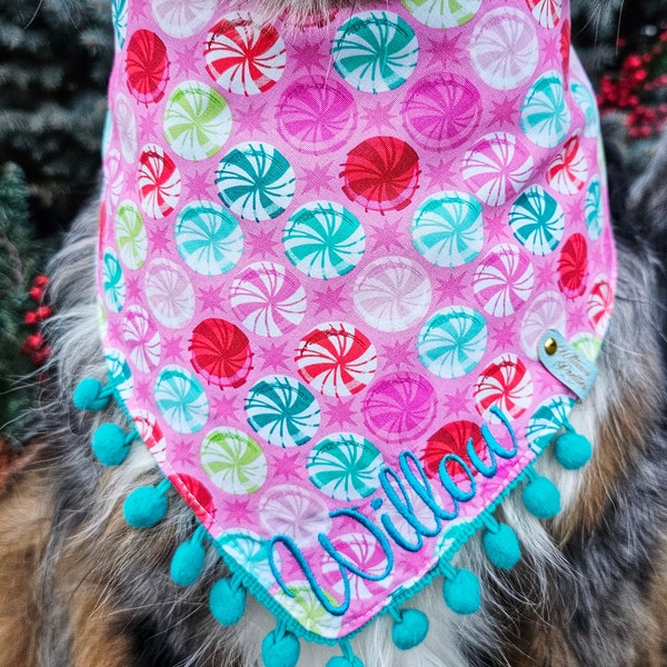 Flocked Xmas Trees, Xmas Candies Dog Christmas Winter Bandana, Tie & Snap Style, Personalized, Reversible,  Available Bow, Pompom Trim