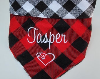 Buffalo Plaid Flanell Hundehalstuch, Krawatte & Snap Foldover Stil, personalisierbar, reversibel, erhältlich passender Bogen