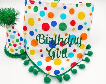 Dog Birthday Bandana, Primary Polka Dots, Tie & Snap Style Embroidered "Birthday Girl" Or "Birthday Boy"  Available Party Hat(SEPARATE)