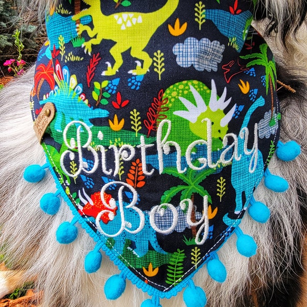 Dog Dinosaur Birthday Bandana, Tie & Snap Style Embroidered "Birthday Girl" Or "Birthday Boy",  4" Tall Party Hat(SEPARATE)