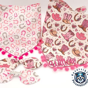 Cowgirl Hat/Boots Horse Girl Dog Bandana, Tie & Snap Style, Personalized Embroidery, Reversible, Available Matching Bow and Pompom Trim