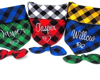 Buffalo Plaid Flanell Hundehalstuch, Krawatte & Snap Foldover Stil, personalisierbar, reversibel, erhältlich passender Bogen
