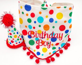 Dog Birthday Bandana, Primary Polka Dots, Tie & Snap Style Embroidered "Birthday Girl" Or "Birthday Boy"  Available Party Hat(SEPARATE)