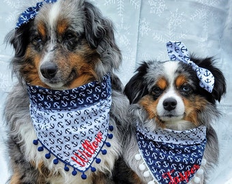 Nautical Sailing, Anchor Dog Bandana, Tie & Snap Style, Personalized Embroidery,  Available Bow, Pompom Trim