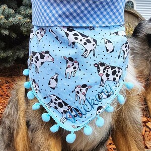Farm Animal Dog Bandana | Cow Dog Bandana, Personalized, Tie & Snap Foldover Style, Reversible With Available Matching Bow and Pompom Trim