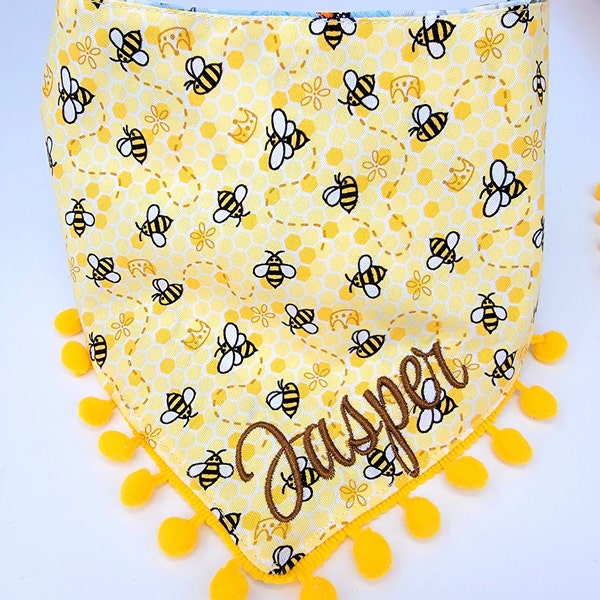 Dog Bee Pollinator Summer Bandana, Tie & Snap Style, Personalized Embroidery, Reversible, Available Matching Bow and Pompoms