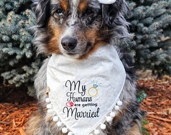 My Humans Are Getting Married Dog Engagement Announcement Bandana, Tie & Snap Style, Embroidered, Available Pompom Trim